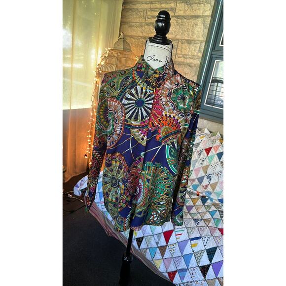 vintage 80s 90s retro navy mandala print blouse - Picture 1 of 2